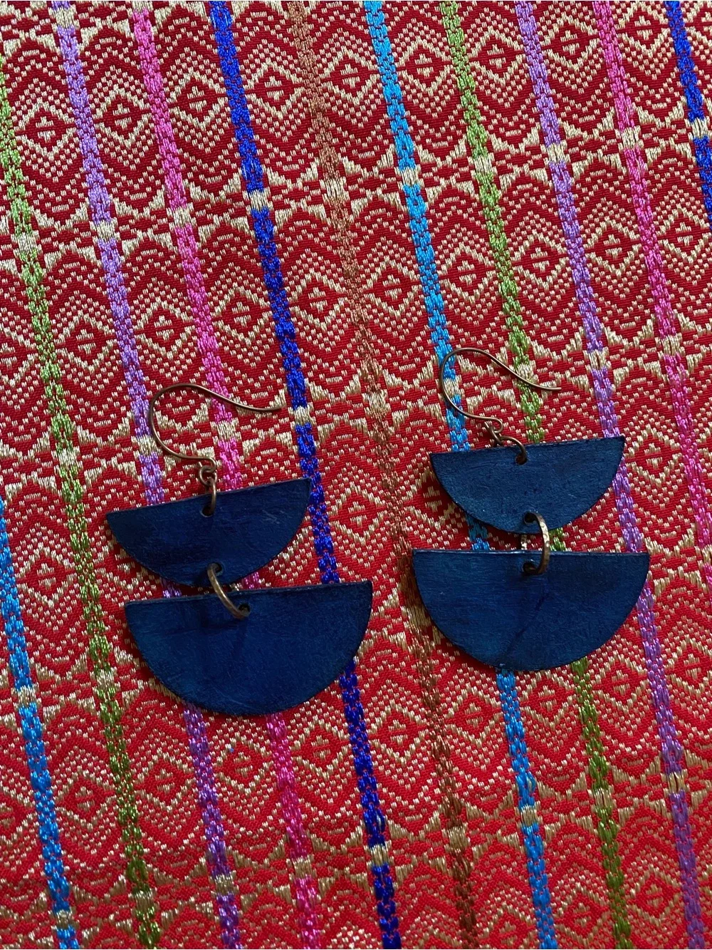 Handmade 100% Leather pink bronze blue fan dangle earrings. New. high quality
